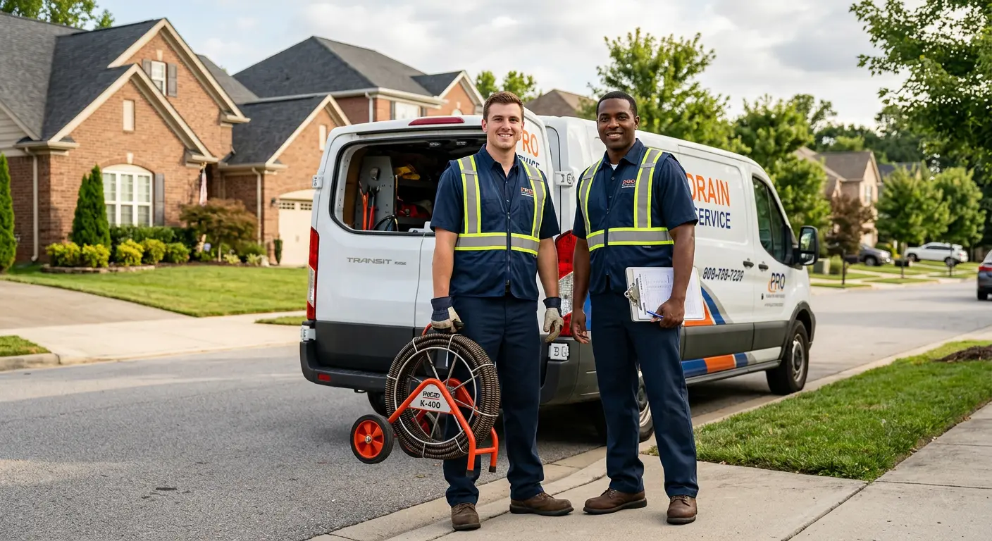 Sewer and drain service team with equipment ready for work in College Park
