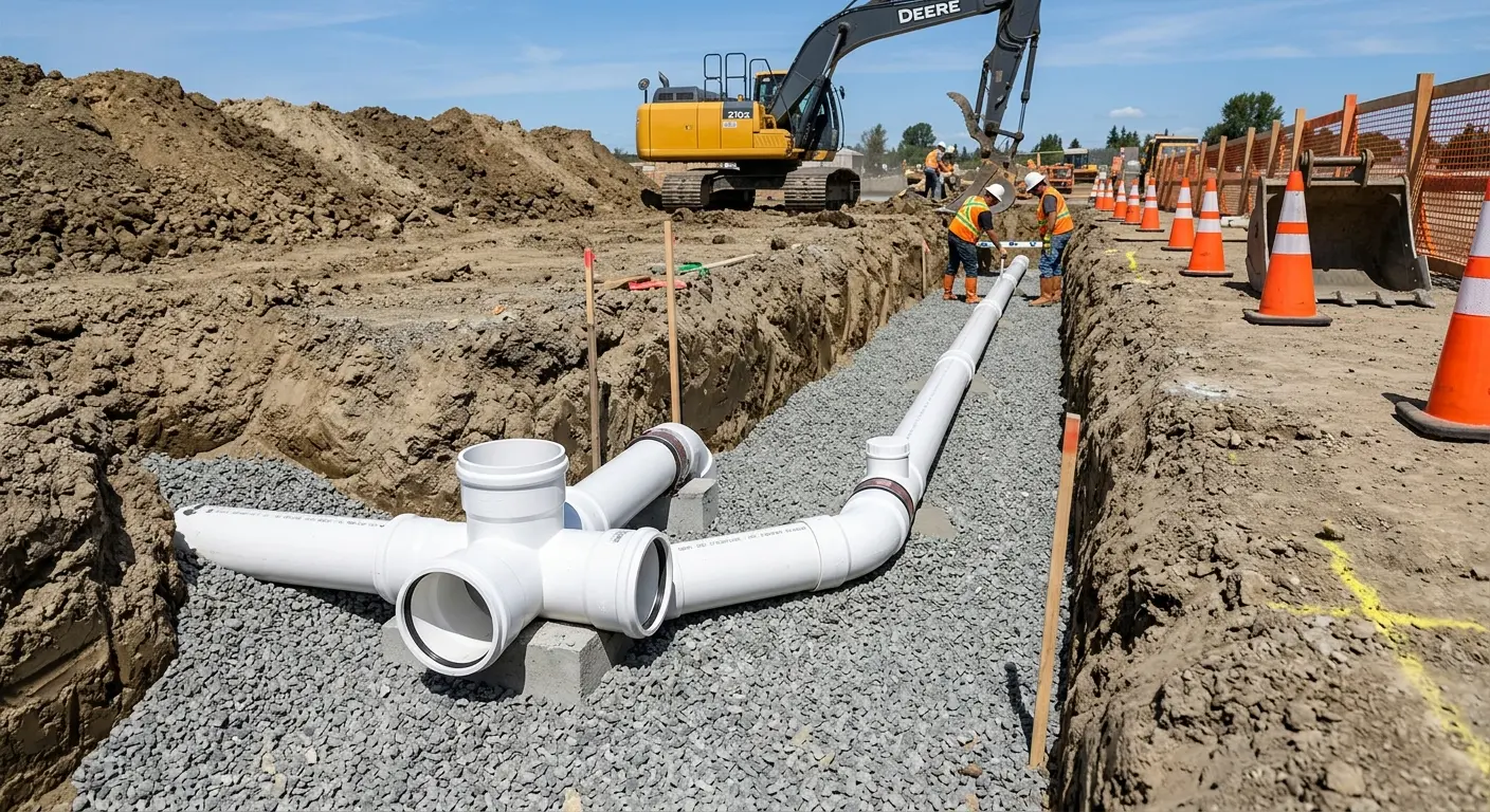 New PVC sewer pipe installation in open trench for Sewer Backup in College Park