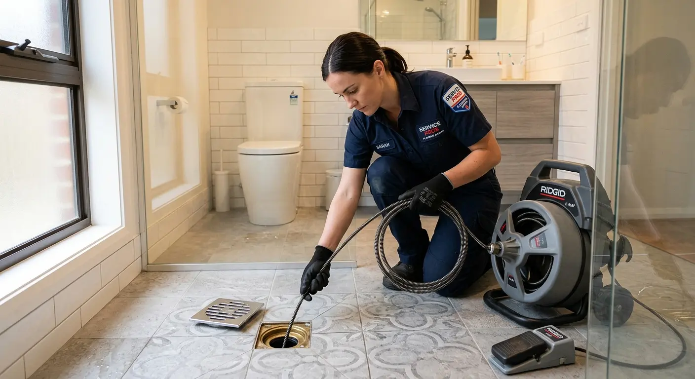 Technician clearing a bathroom floor drain for Hydro Jetting in College Park